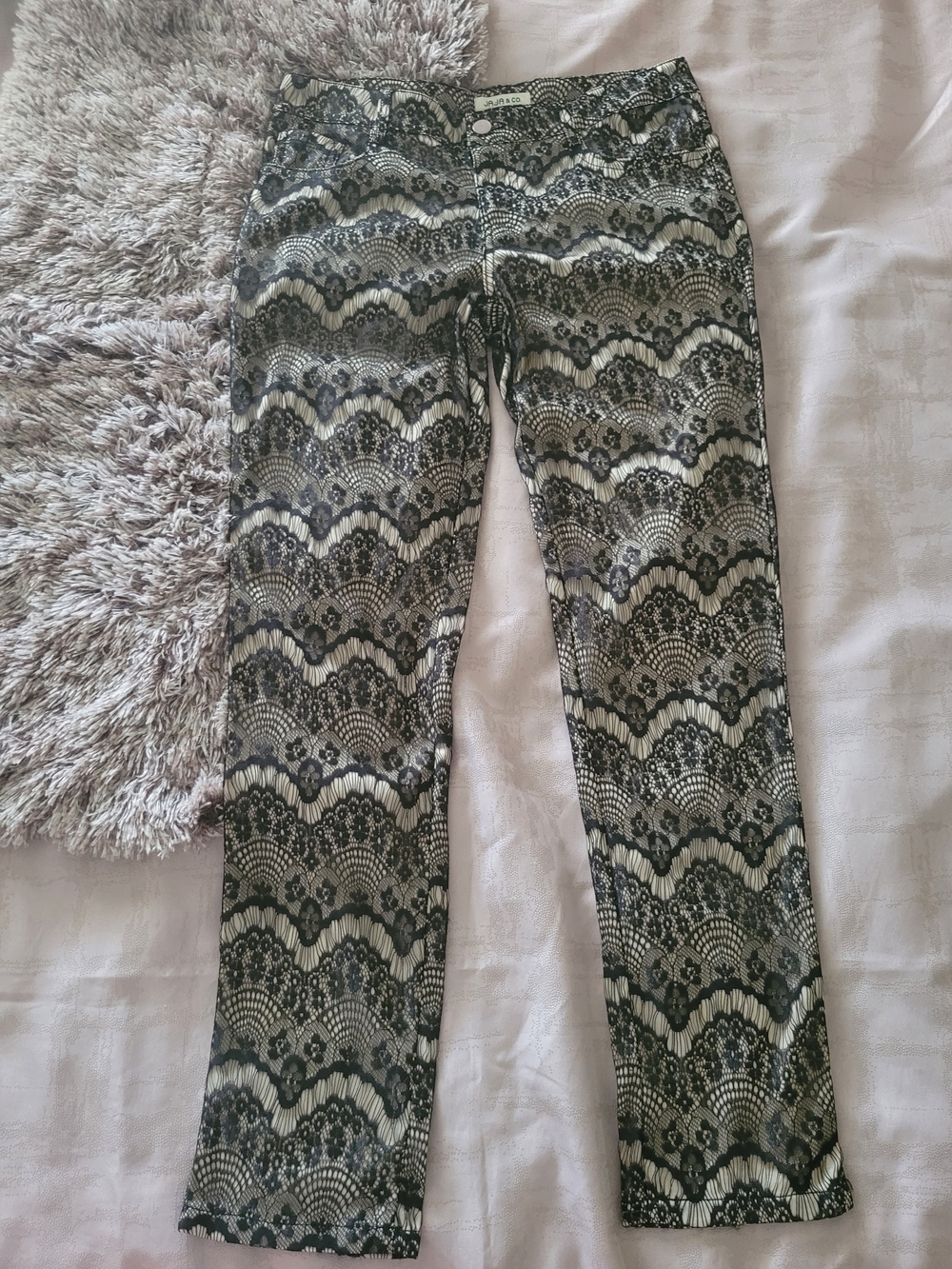 Lace-Print Boot Cut Pants in Black & Cream